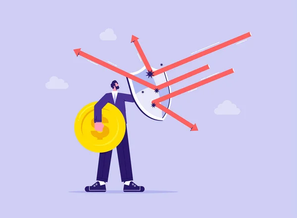 stock vector Inflation protection or protect from stock market crash, investment stock in market downturn concept, businessman investor holding shield to protect from arrow