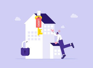 İpotek ödeme sorunu, ekonomik kriz konseptinde konut borcu, iş adamı evinin kilidini açmaya çalışıyor.