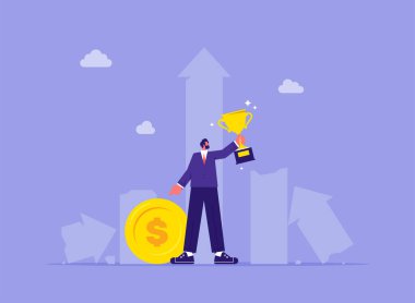 Kazanan ya da liderlik, kariyer başarısı ya da şampiyon kutlamaları, ödül konsepti, iş adamı başarıyı elinde kupayla kutluyor.