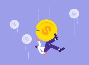 Dolar ekonomisi ya da para politikası krizi konsepti, iş adamının dolar madeni para sembolüyle düşmesi