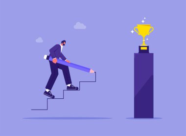 Businessman use pencil to draw rising up stairs, walk climbing up ladder and try to reach trophy cup, business development successful concept clipart