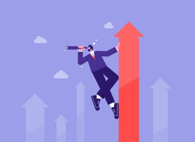 Yatırım ve piyasa tahmini, gelecekteki büyüme veya vizyon, kâr ve kazanç tahmini konsepti, işadamı teleskop dürbünüyle yükselen oka tırmanıyor