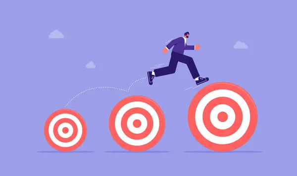 İşadamı daha yüksek hedef kariyer hedefleri, daha büyük iş hedeflerine ulaşmak için motivasyon, kariyer veya iş büyüme kavramında ilerleme kaydediyor.