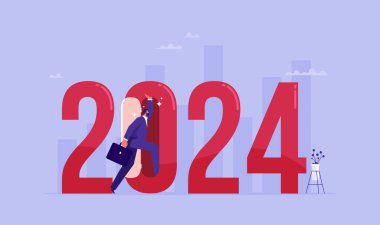 2024 konseptinde yeni bir iş hedefi başlatmak, 2024 'e yürüyen işadamı metaforu yeni zorluklar, hedef ve kariyer veya iş dünyası