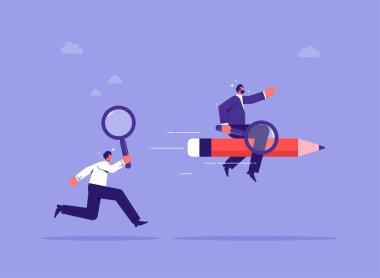 İş yaratıcılığı veya hayal gücü kavramı, gelişim, yaratıcılık özgürlüğü, yaratıcı iş adamı kalem roketine binip yeni fikirler arıyor.