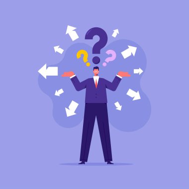 İş karar verme, kariyer yolu, iş yönetimi ya da başarı konsepti için doğru yolu seçmek, kafası karışmış iş adamı yön seçimi