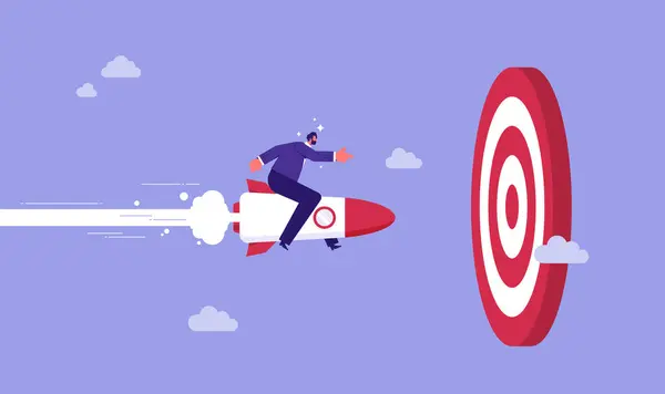 Doelgroep Krachtige Marketingstrategie Zakenman Rijdt Raket Naar Een Groot Doel — Stockvector