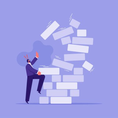 İş stratejisi, riskler, planlama konsepti, iş adamlarının kuleye ahşap blok yerleştirmesi tüm görevlerde dikkatli olmaya ve iş dünyasındaki hedeflere ulaşmaya çalışması. 