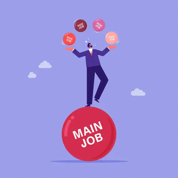 Business Management Concept Businessman Balance Juggling Main Job Side Job — Stockvektor