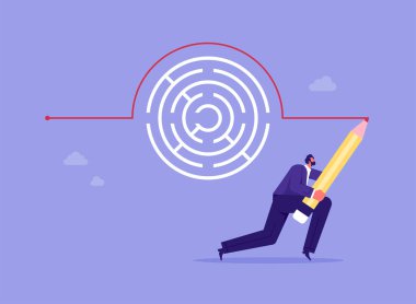 Sorun veya konsepti aşmak için çözüm veya çözüm, iş adamı labirenti çözmek için çözüm çizgisi çizdi, engelleri aşmak veya iş sorunlarını çözmek için yaratıcılık çizdi