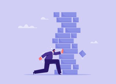 İş konseptinde risk ve strateji, iş adamının kuleye tahta blok koyması, risk ve iş stratejisi 