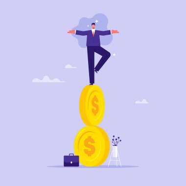 Finansal dengesizlik kavramı, yatırım riskleri, madeni paranın dengesini korumaya çalışan iş adamı, yatırım riskleri, ekonomik krizlerin etkisi