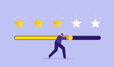 Müşteri değerlendirme konseptleri, olumlu kullanıcı değerlendirmeleri, müşteri geri bildirim çubuğunu beş yıldıza çıkarmaya çalışan iş adamı