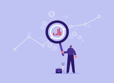 İş veri analizi konsepti, büyük bir büyüteç kontrol ve analiz finansal veri şeması ile iş adamı 