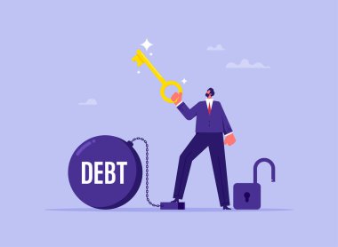 İş borçları ve finansal özgürlük kavramına göre, iş adamları borç mesajlı dev çelik top zincirinin kilidini açmak için anahtar kullanıyorlar.