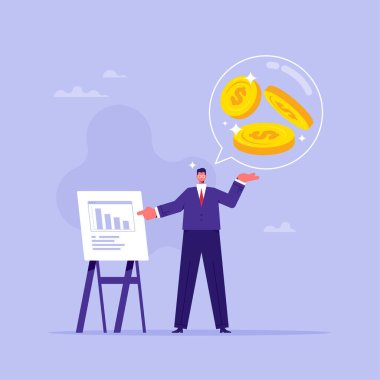 İş danışmanı, danışman veya strateji ve analiz konsepti, iş adamı finans tavsiyesi, strateji, planlama hakkında sunum yapıyor