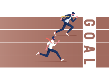 İş yarışı. İş adamları piste doğru koşuyor. Rekabet konsepti. Kazanma stratejisi. Kaçan insanlar. Zafere giden yol.