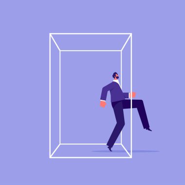 Güvenli bölgeden kaçma ve başarı kavramına ulaşma mücadelesi, iş adamı rutin konfor bölgesinden kaçma, yeni bir deneyim için değişim ya da özgürlük için serbest kalma mücadelesi