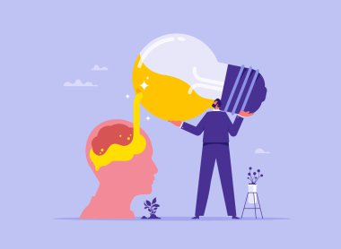 Fikir ekleyin ya da yeni ilham kavramı, fikir girişi, ilham, fikir ya da çözüm bulun, iş adamı ampulden çalışan kafasına sıvı koyuyor