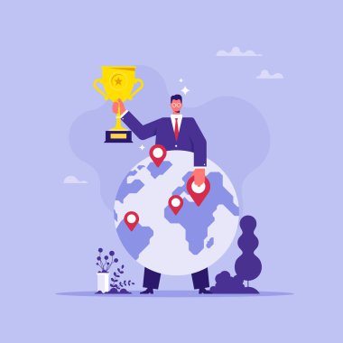 Küreselleşme ve uluslararası ticaret kavramı, altın kupalı iş adamı dünya ve dünya haritasına yeni broş takıyor, başarılı girişimci şubeler açıyor