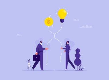 Girişim ve girişimci şirket konsepti için girişim sermayesi ya da finansal destek, para toplama fikri ya da fikri oluşturmak, iş adamı ve kadın ampul ve para balonunu birleştirdi