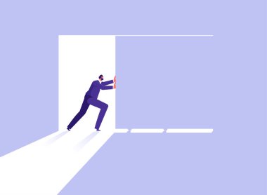 İş girişimleri ve zorluklar konsepti, yeni kariyer, fırsatlar, iş adamı kapısı