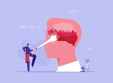 Yanan zihin ya da öfke kavramını sakinleştirmek için terapi, tükenmişlik ya da akıl hastalığını azaltmak, depresyon, endişe ve stresi tedavi etmek için iş adamı insan kafasındaki yangını söndürmek için yangın söndürücü tutuyor.