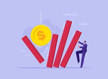 Risk ve kriz yönetimi konsepti, iş adamı düşen domino etkisini durdurdu