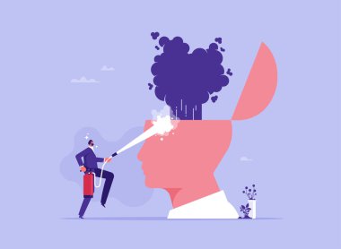 Endişe ve stres kavramını tedavi etmek, yanan zihni ya da öfkeyi serinletmek için terapi, tükenmişliği azaltmak ya da akıl hastalığını azaltmak, depresyon, yangın söndürücü kullanan adam insan kafasındaki yangını söndürmeye çalışır.