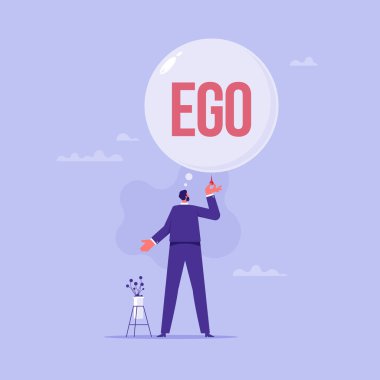 Reducing ego or cultivating humility concept, recognizing value in different perspective, businessman deflating speech bubble of word EGO with needle clipart