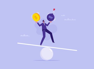 Kişisel mali yönetim kavramı, varlıklı yaşamın hesaplanması, borç ödemesi ile gelir maaşı arasında denge sağlanması, tahterevalli ile borç bombası ve para ile kendini dengede tutan işadamı.