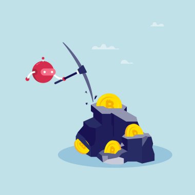 Kripto para madenciliği, dijital para birimleri endüstrisi, kripto para ticareti robotu, kazma ile kayaya çarpan robot dijital kripto para veya para.