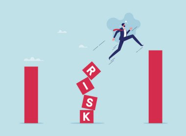 Belirsiz bir durumda finans grafiğinin üzerinden atlayan işadamı, risk alıyor, mali risk alıyor, meydan okuyor, başarı ve liderlik kavramı