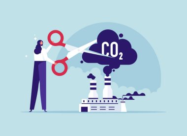 Karbondioksit içeren hava kirliliği, iş kadını hava kirliliğini, karbondioksit ve ekolojik sorunları azaltmak için makas kullanıyor. Zararlı endüstri emisyonlarını büyük makasla kesmek