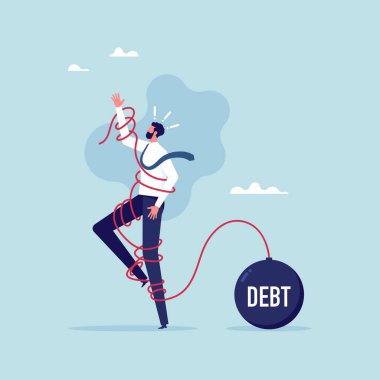 Büyük bir borç içinde zincire vurulmuş bir iş adamı, borç içinde olan bir adam, mali sorun kavramı, yükümlülük, sorumluluk, yük, para yönetimi