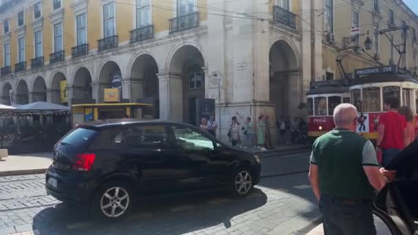 Retro Tram Passing Streets Lisbon — Stock Video