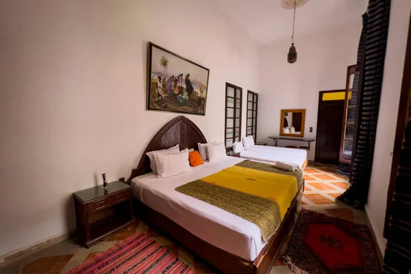 stock image Authentic Moroccan bedroom interior with traditional furnitures in a guest house