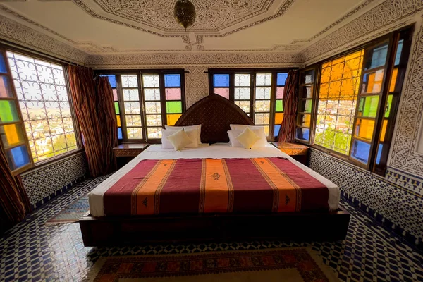 Auténtico Interior Dormitorio Marroquí Con Muebles Tradicionales Una Casa Huéspedes — Foto de Stock