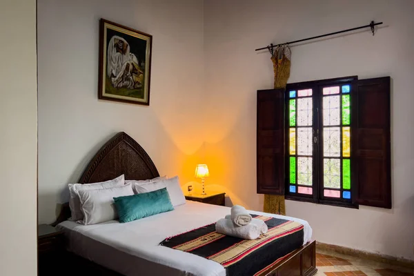 stock image Authentic Moroccan bedroom interior with traditional furnitures in a guest house