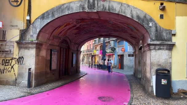 Lizbon Pembe Sokakta Takılan Yetişkin Bir Çift — Stok video