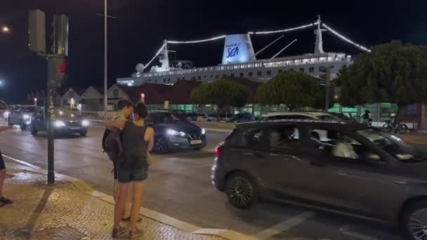 Cars Driving Road Large Cruise Ship Docked Background Lisbon — Stock Video