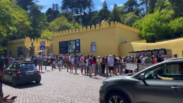 シントラのペナ国立宮殿にアクセスするためのキューを待っている観光客 — ストック動画