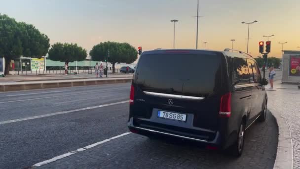 Van Mercedes Preto Com Luzes Perigo Traseiras Piscando Estacionado Beira — Vídeo de Stock