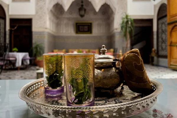 Desayuno Marroquí Servido Dentro Lujoso Riad Antigua Medina Fez — Foto de Stock