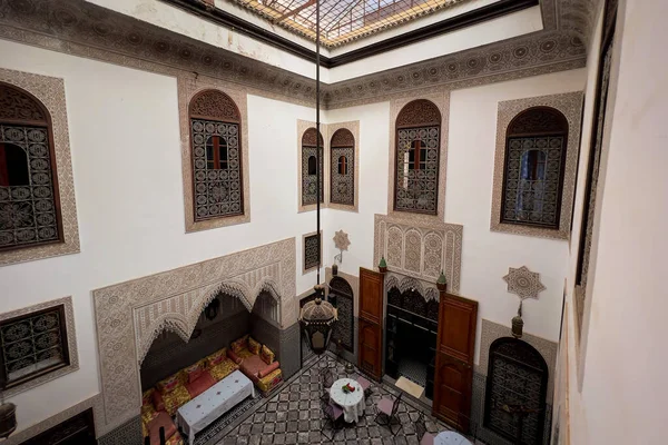 Beautiful Interior Traditional Riad Small Fountain Middle Courtyard — Stock Photo, Image