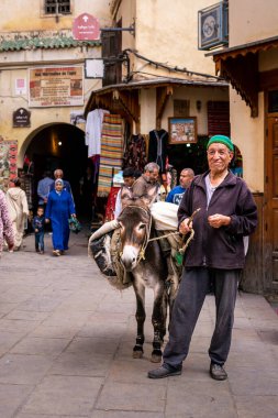 Fez Medina 'sında eşeğinin yanında duran adam.