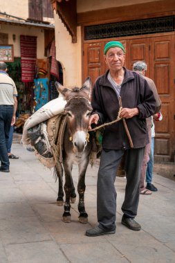 Fez Medina 'sında eşeğinin yanında duran adam.