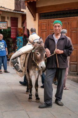 Fez Medina 'sında eşeğinin yanında duran adam.