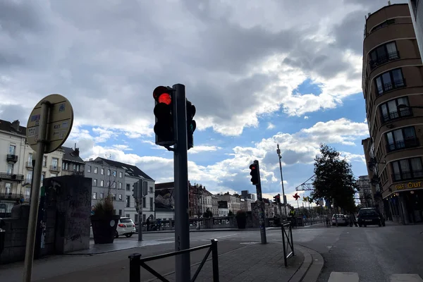 Červená Dopravní Signalizace Silnici Bruselu — Stock fotografie