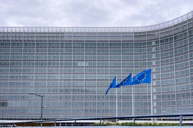 Brüksel, Belçika 'daki Avrupa Komisyonu Genel Merkezi önünde Avrupa Bayrakları